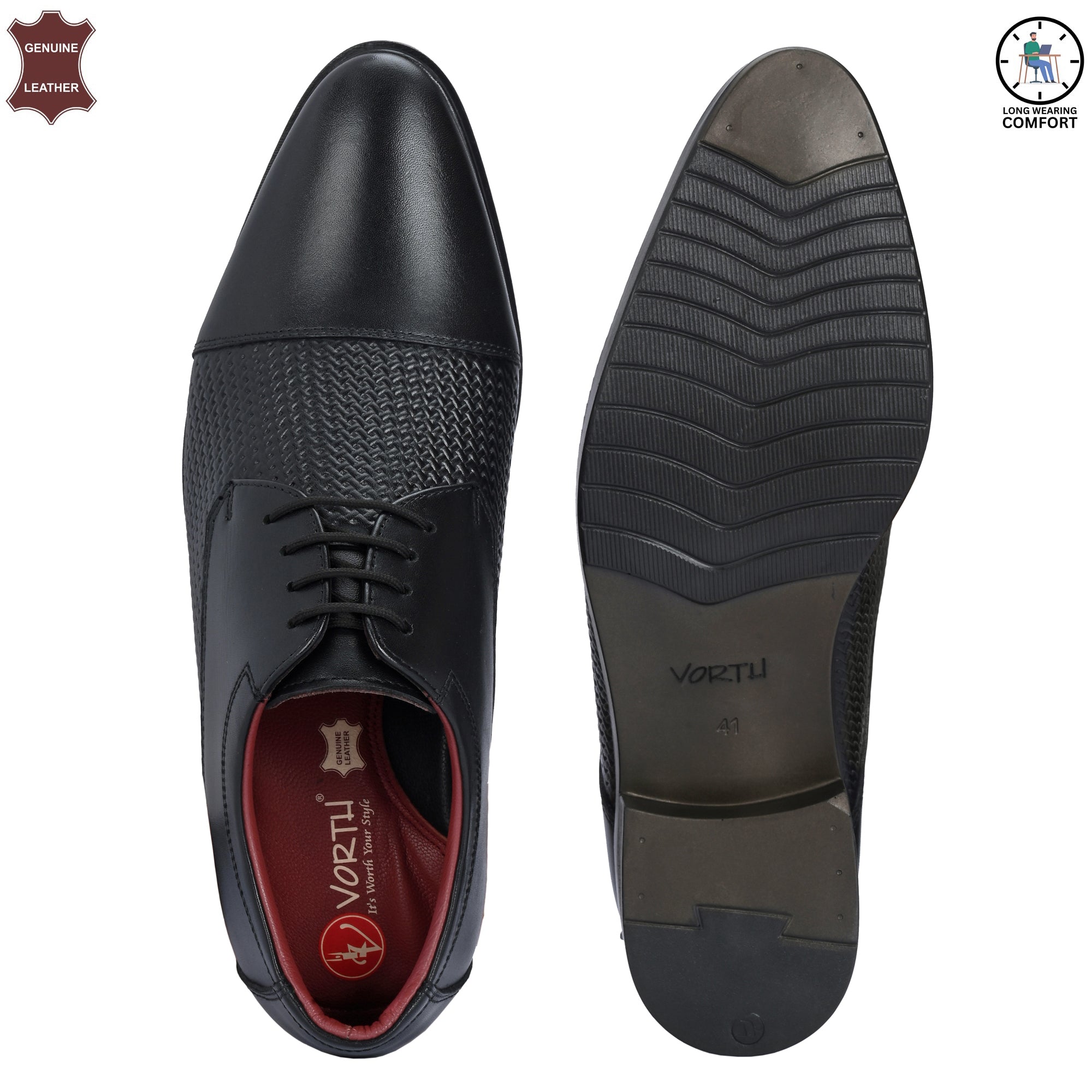 Stylish Black Lace-Up Shoes For Men (45155) | Genuine Leather Black Lace-up Formals | Vorth