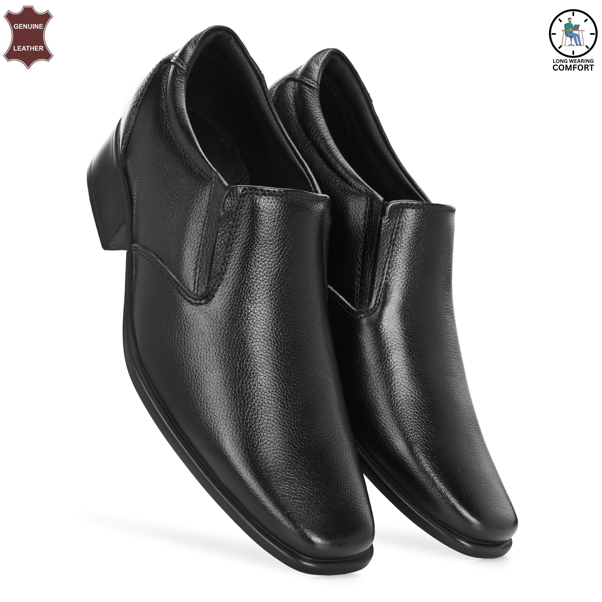 Comfortable High Heel Genuine Leather Black Slip on Shoes for Men | Vorth 1914401 Black