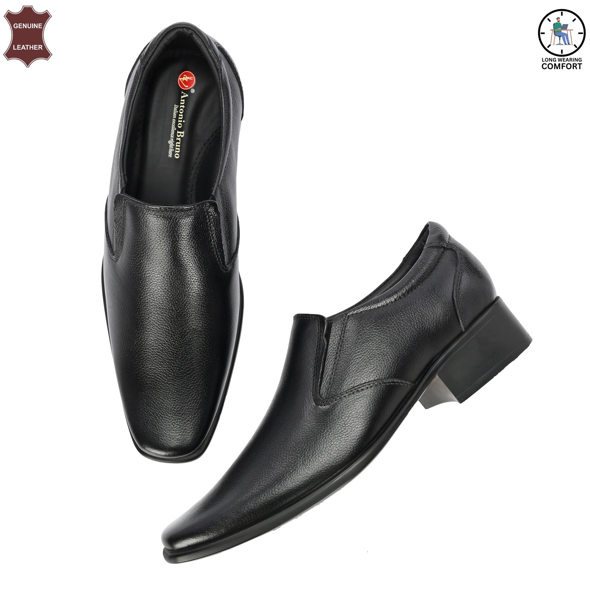 Comfortable High Heel Genuine Leather Black Slip on Shoes for Men | Vorth 1914401 Black