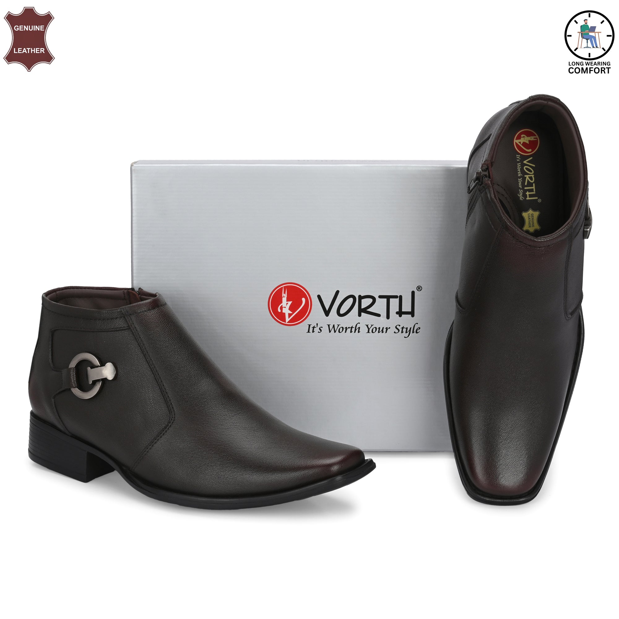 Stylish Genuine Leather Brown Ankle Length Shoes For Men | Semi Ankle Boots For Men Online | Vorth 44755 Brown Spl