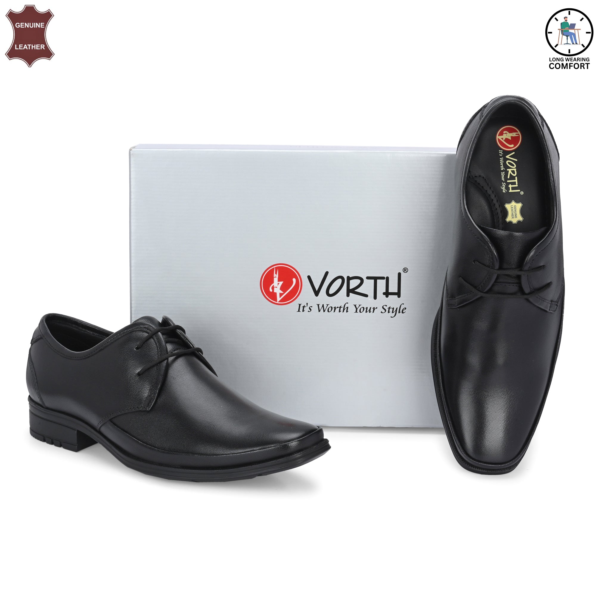 Men’s Genuine Leather Comfortable Lace-up Shoes  | Black Office Shoes | Vorth 44560