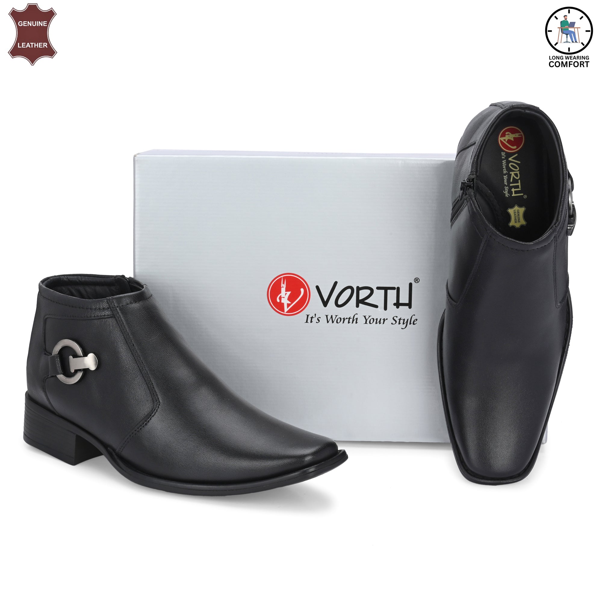 Genuine Leather Black Ankle Length Shoes For Men | Semi Ankle Boots For Men Online | Vorth 44755 Black