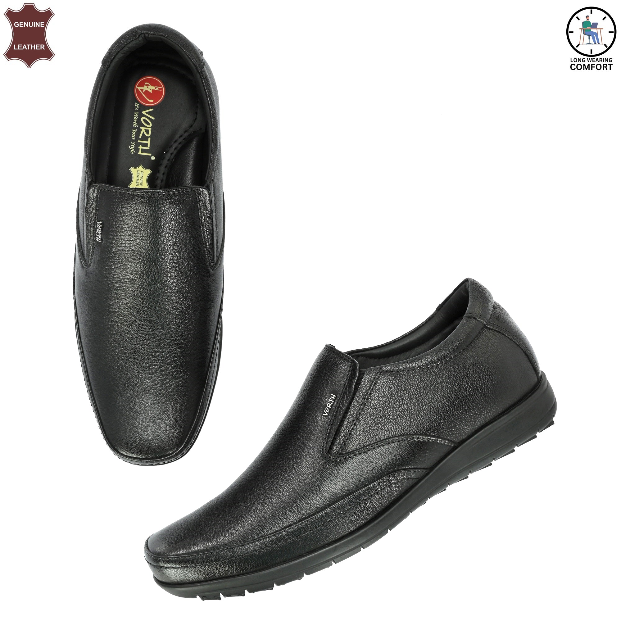 Men’s Genuine Leather Comfortable Flexible Slip-on Shoes with Anti Skid Sole | Black Leather Shoes | Vorth 44803