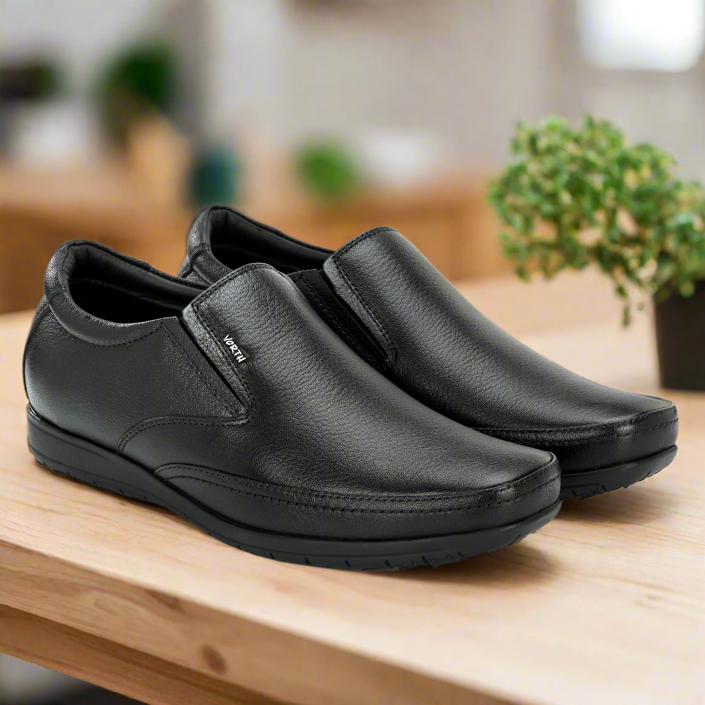 Men’s Genuine Leather Comfortable Flexible Slip-on Shoes with Anti Skid Sole | Black Leather Shoes | Vorth 44803