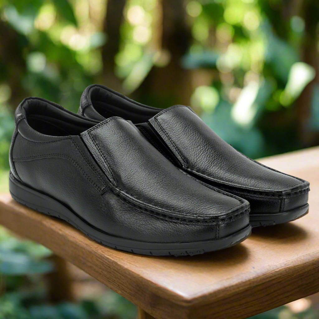 Comfortable Anti Skid Sole Genuine Leather Black Slip-on Shoes for Men || Vorth 44802 Black