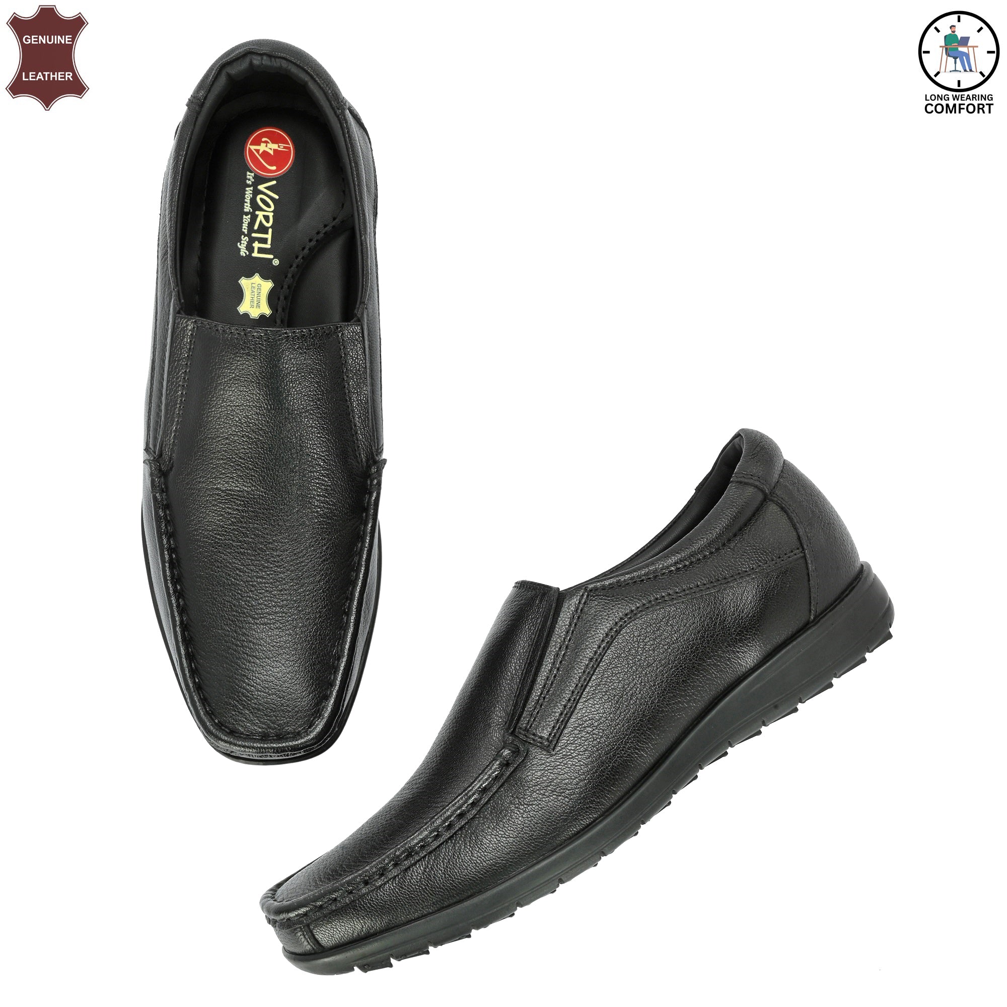 Comfortable Anti Skid Sole Genuine Leather Black Slip-on Shoes for Men || Vorth 44802 Black