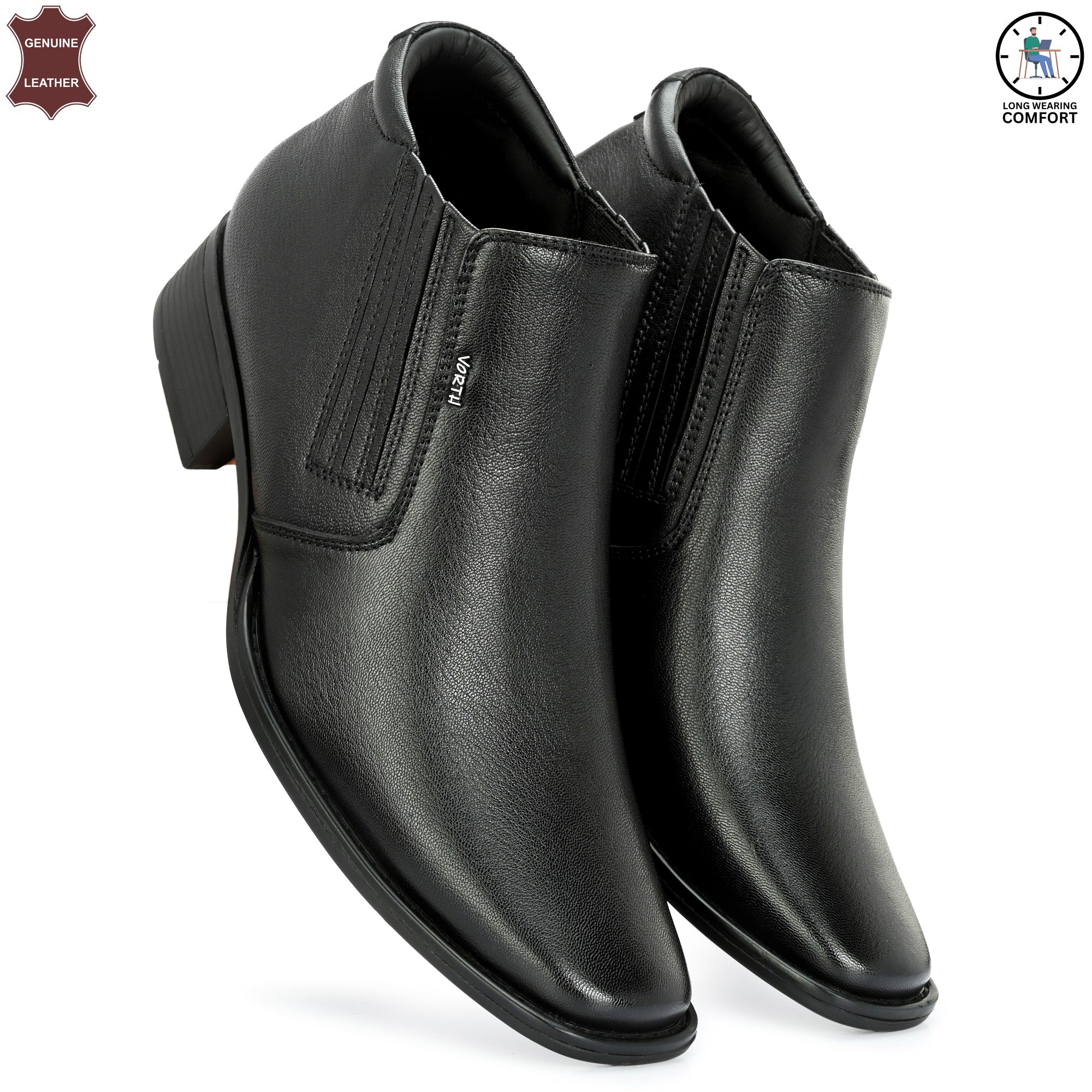 Stylish Men’s Ankle Boots | Premium Leather | Arch Support | High Heel Comfort | Black Fashion Boots | All-Day Wear | Vorth 44378 Black