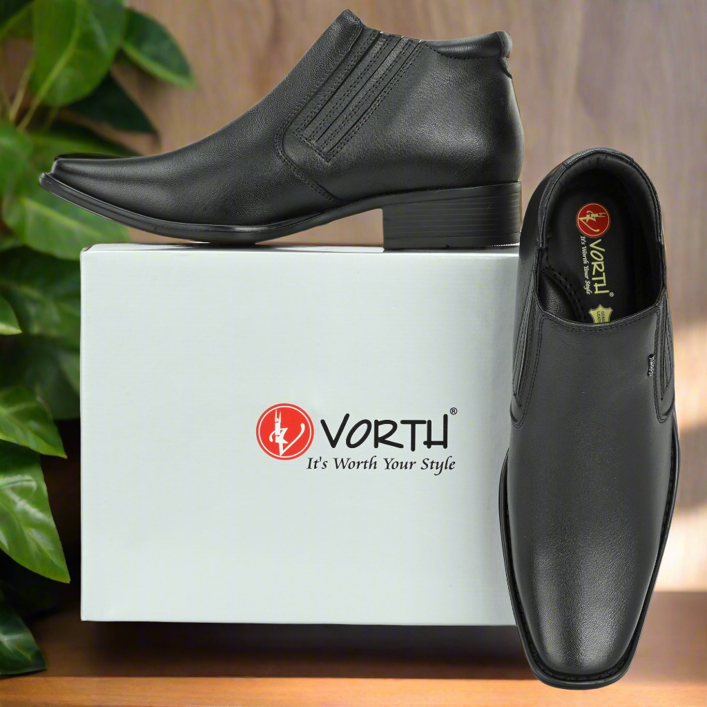 Stylish Men’s Ankle Boots | Premium Leather | Arch Support | High Heel Comfort | Black Fashion Boots | All-Day Wear | Vorth 44378 Black