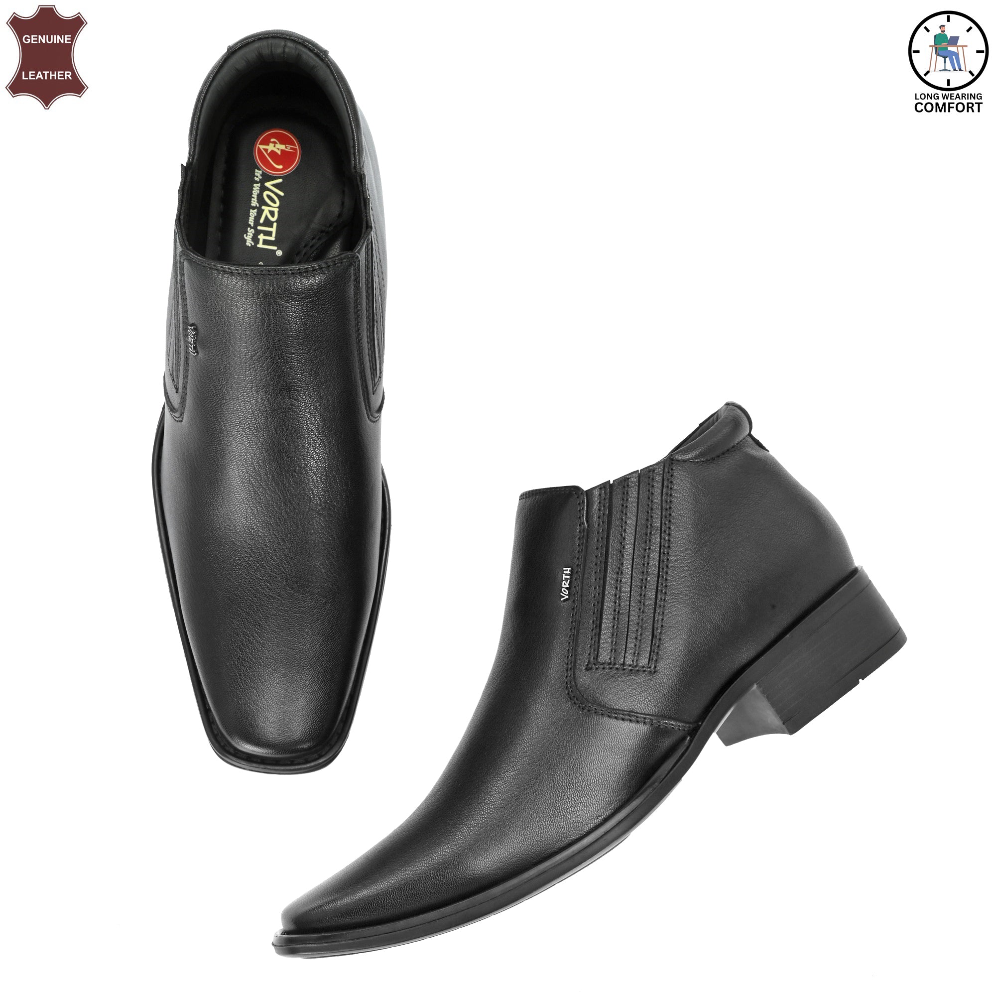 Stylish Men’s Ankle Boots | Premium Leather | Arch Support | High Heel Comfort | Black Fashion Boots | All-Day Wear | Vorth 44378 Black