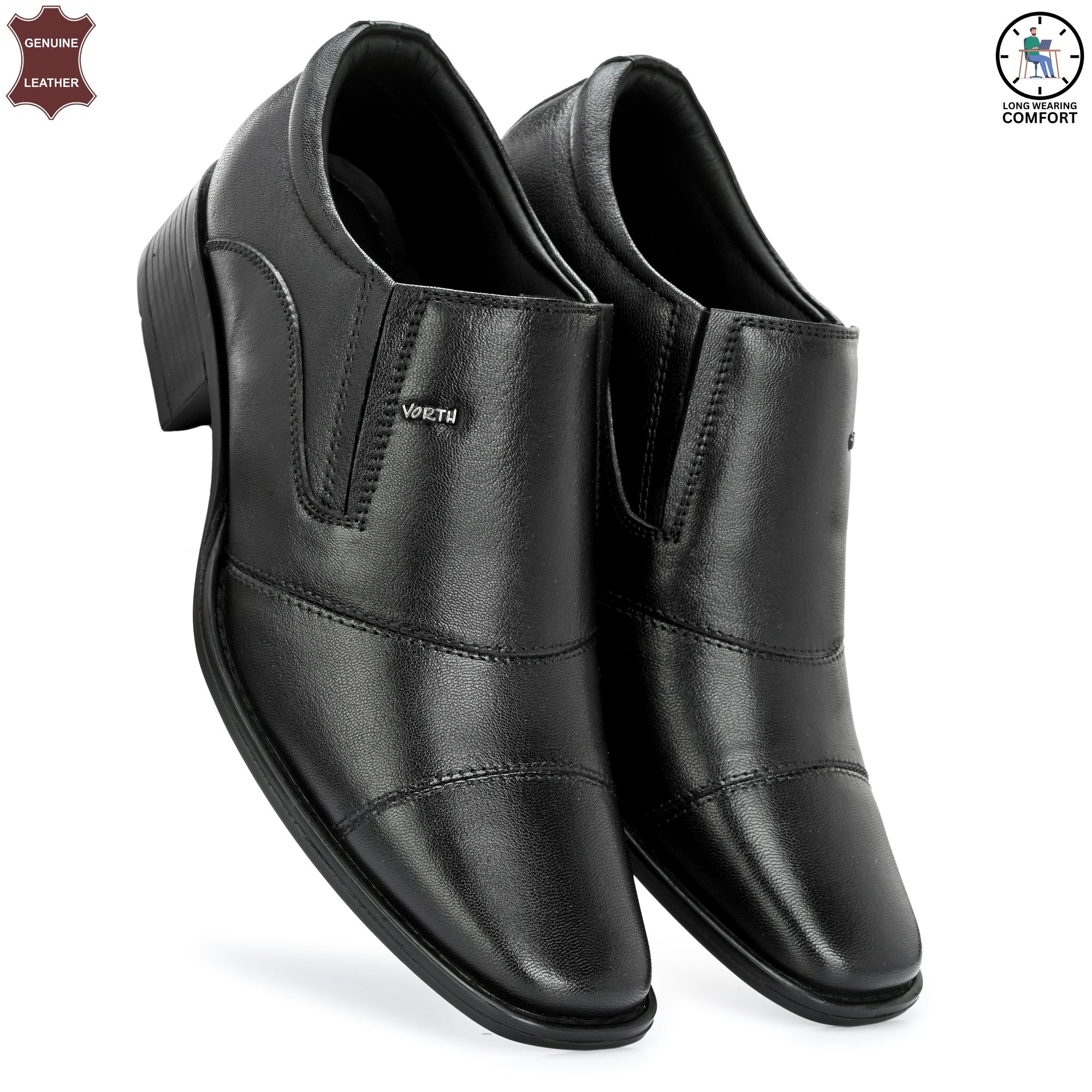 Black Color Genuine Leather Slip-on Shoes with Arch support for