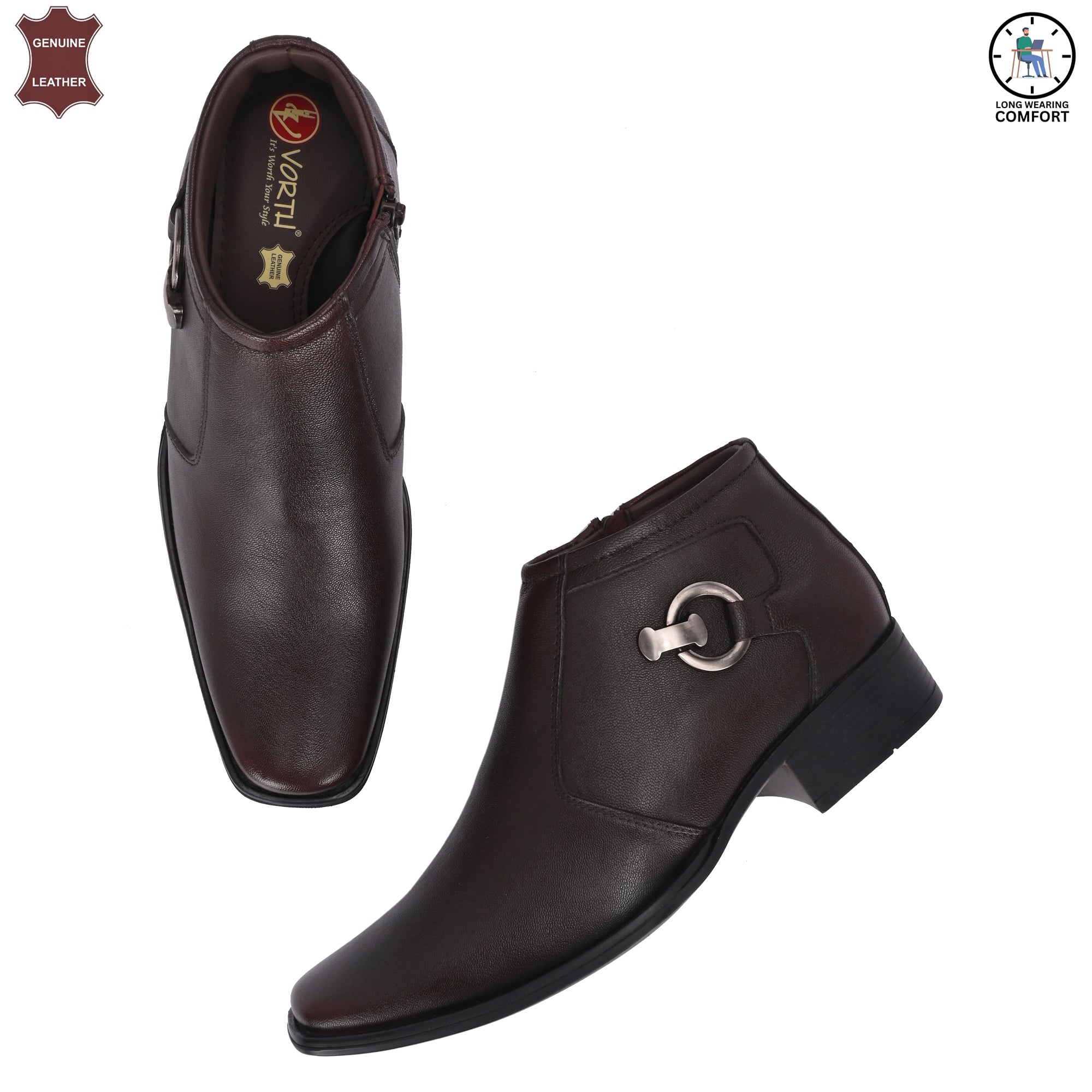 Stylish Genuine Leather Brown Ankle Length Shoes For Men | Semi Ankle Boots For Men Online | Vorth 44755 Brown Spl