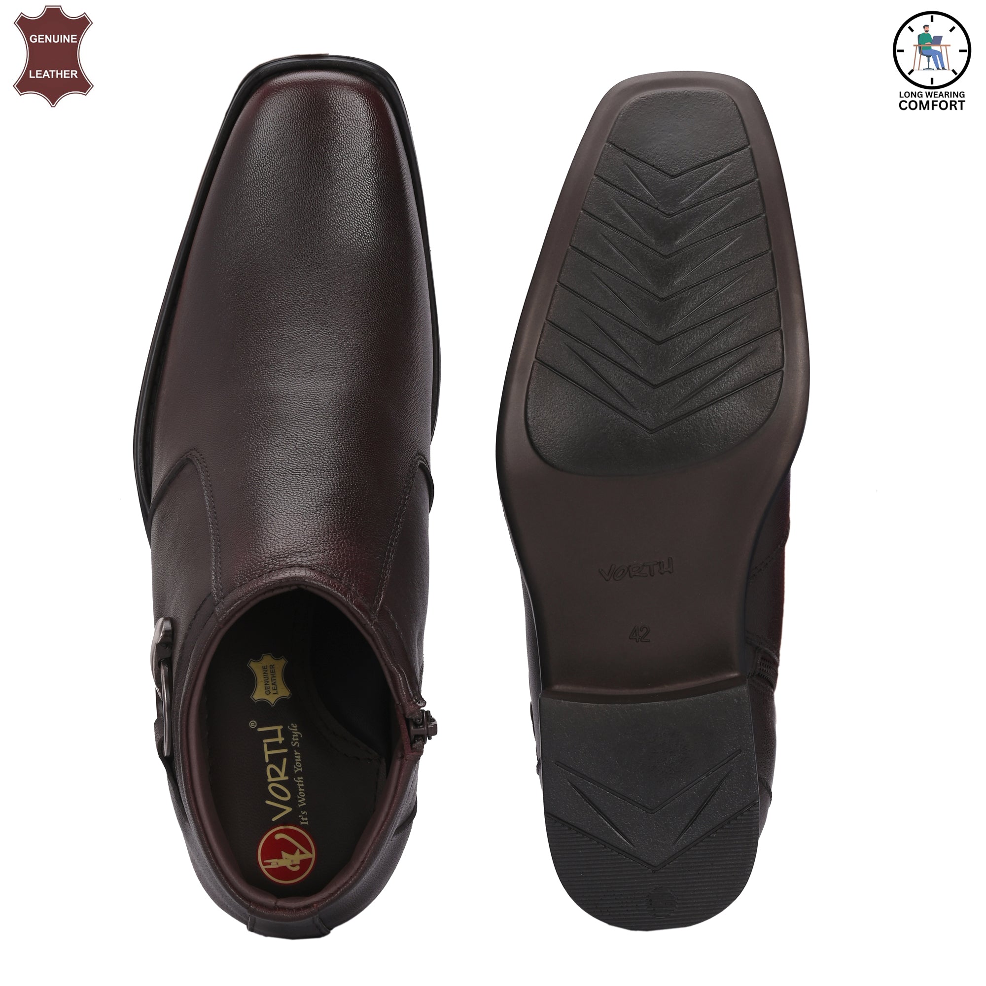 Stylish Genuine Leather Brown Ankle Length Shoes For Men | Semi Ankle Boots For Men Online | Vorth 44755 Brown Spl