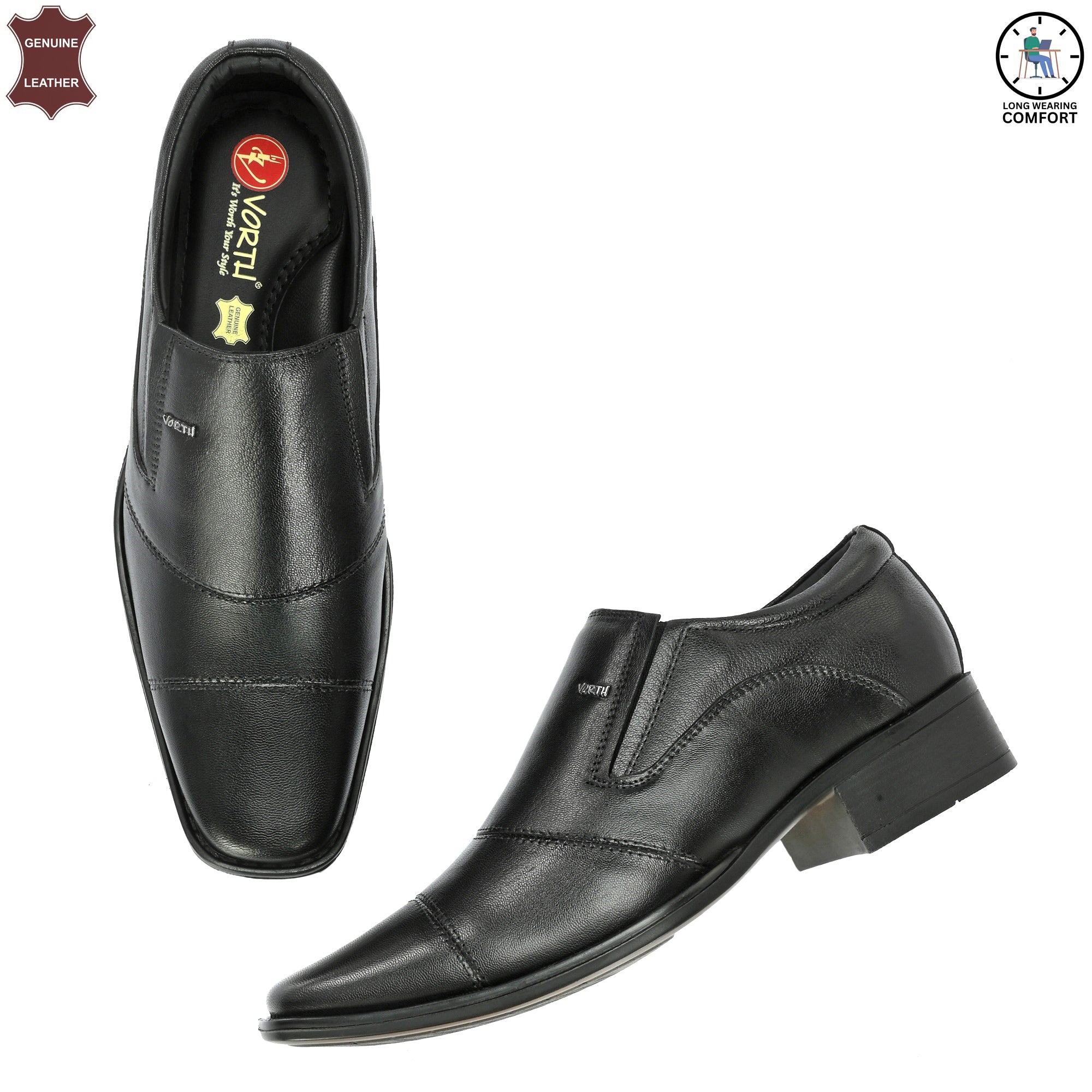 Black Color Genuine Leather Slip-on Shoes with Arch support for Great Comfort| Vorth 44241 Black