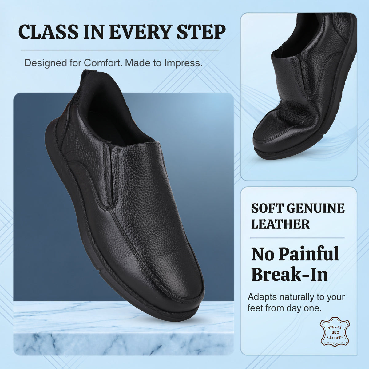 Hands-Free No Bend On-The-Go Sneakers | 12 Hours Comfort for Men | Vorth 19805 Black Leather Sneakers