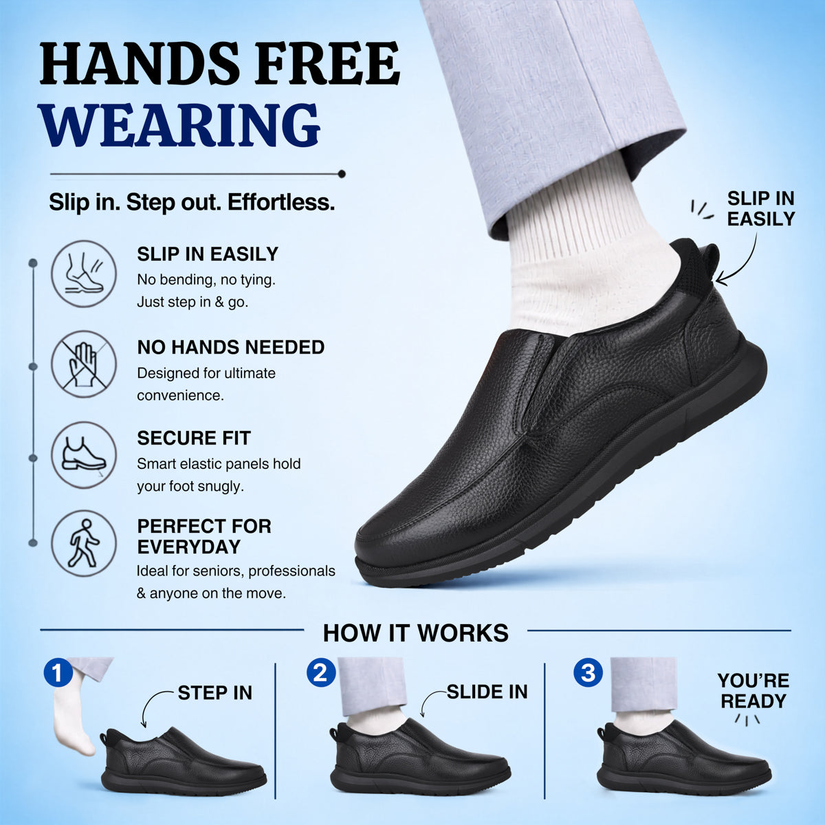 Hands-Free No Bend On-The-Go Sneakers | 12 Hours Comfort for Men | Vorth 19805 Black Leather Sneakers